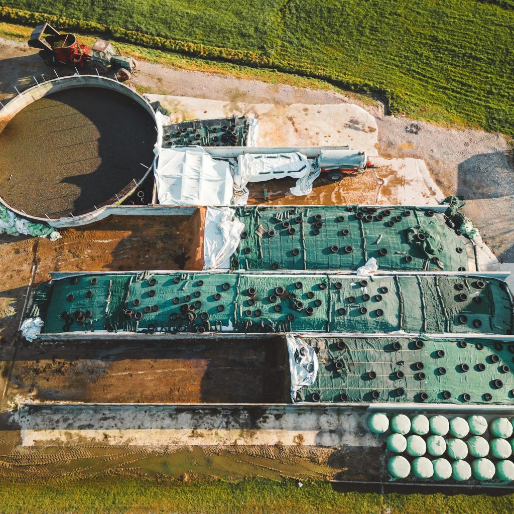 Top down view covered manure storage on a farm in the countryside